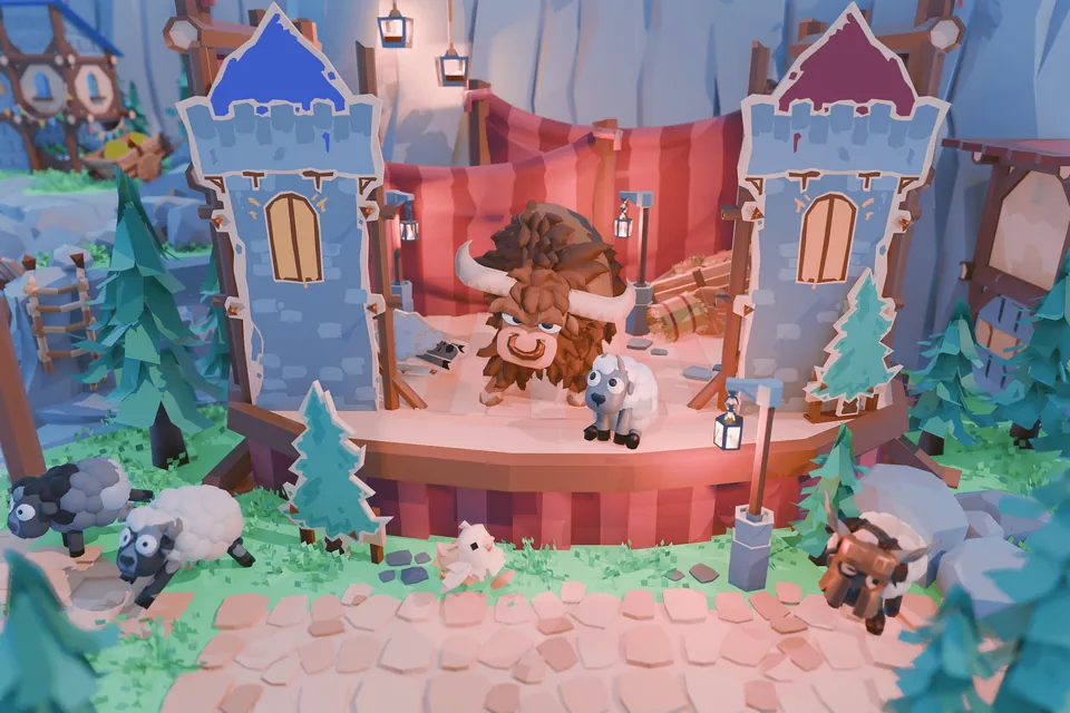 Falemor screenshot: the carnival stage between two towers, with sheep and a bull