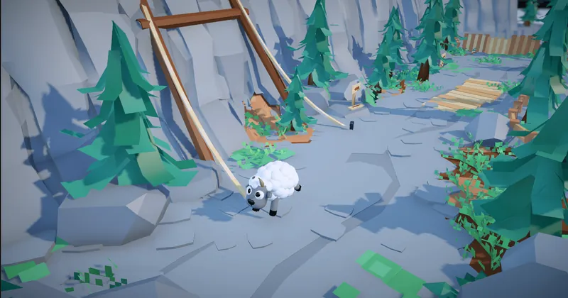 Falemor screenshot: a sheep sneaking along a snowy mountain path